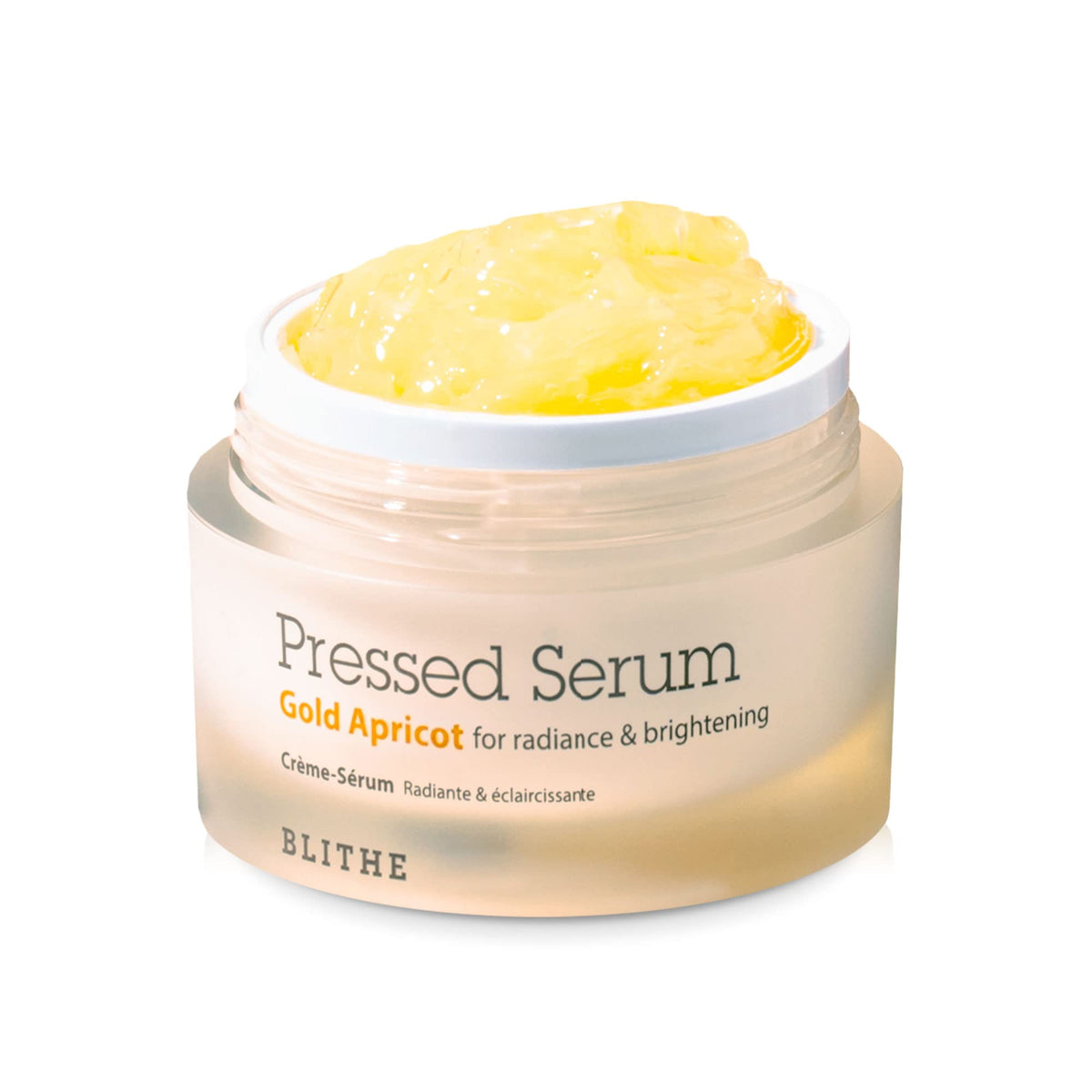 BLITHE Pressed Serum Gold Apricot bottle pouring for radiant skin moisture boost.