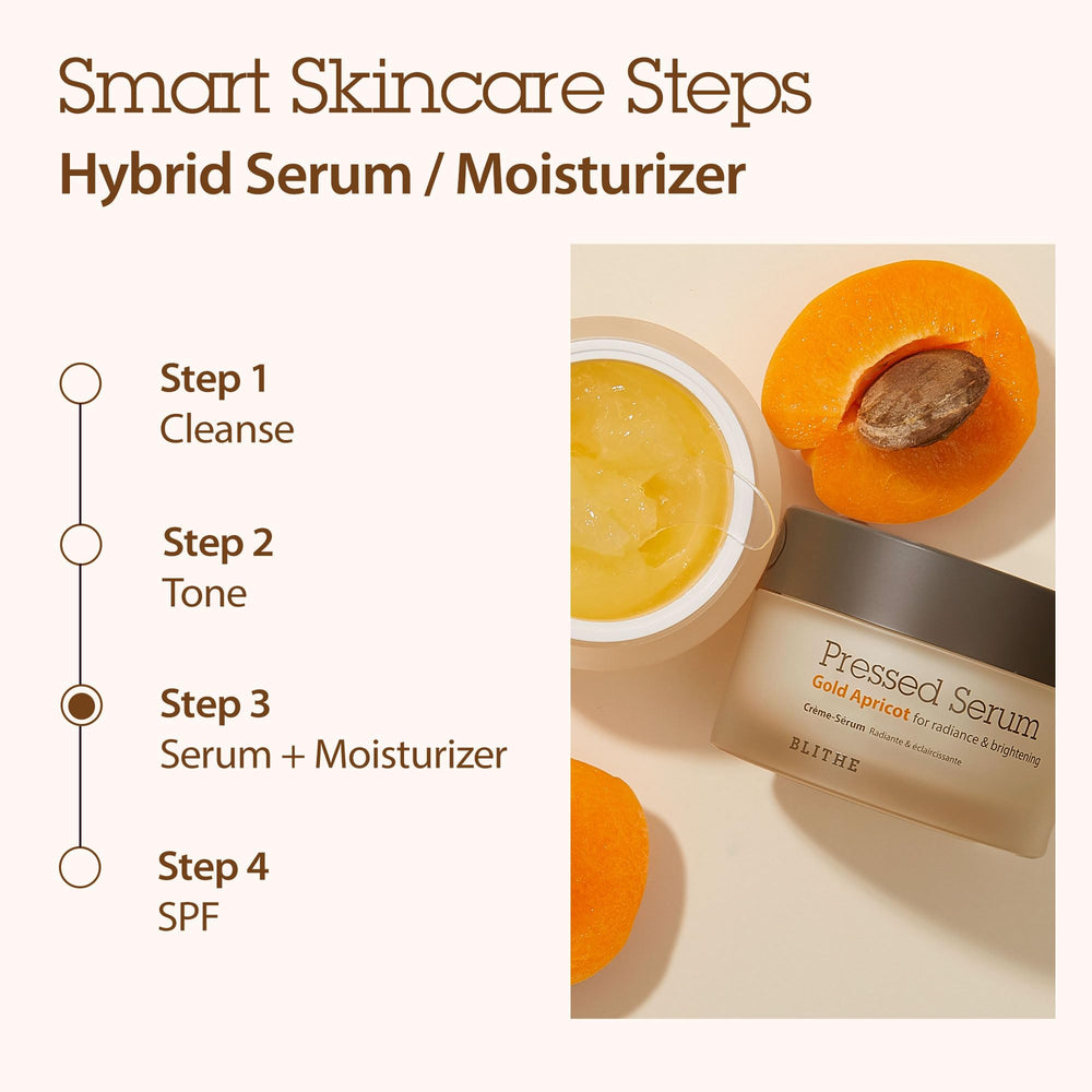 BLITHE pressed serum gold apricot cream-balm texture on skin for deep moisture.