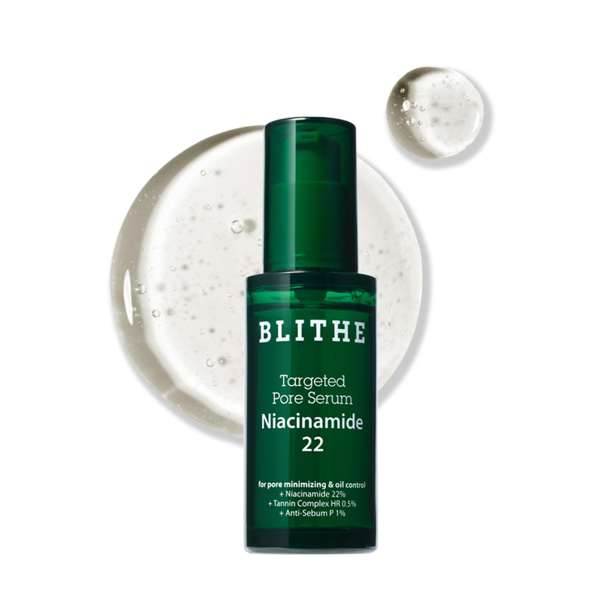BLITHE Targeted Pore Serum bottle shows Niacinamide for refined pores.