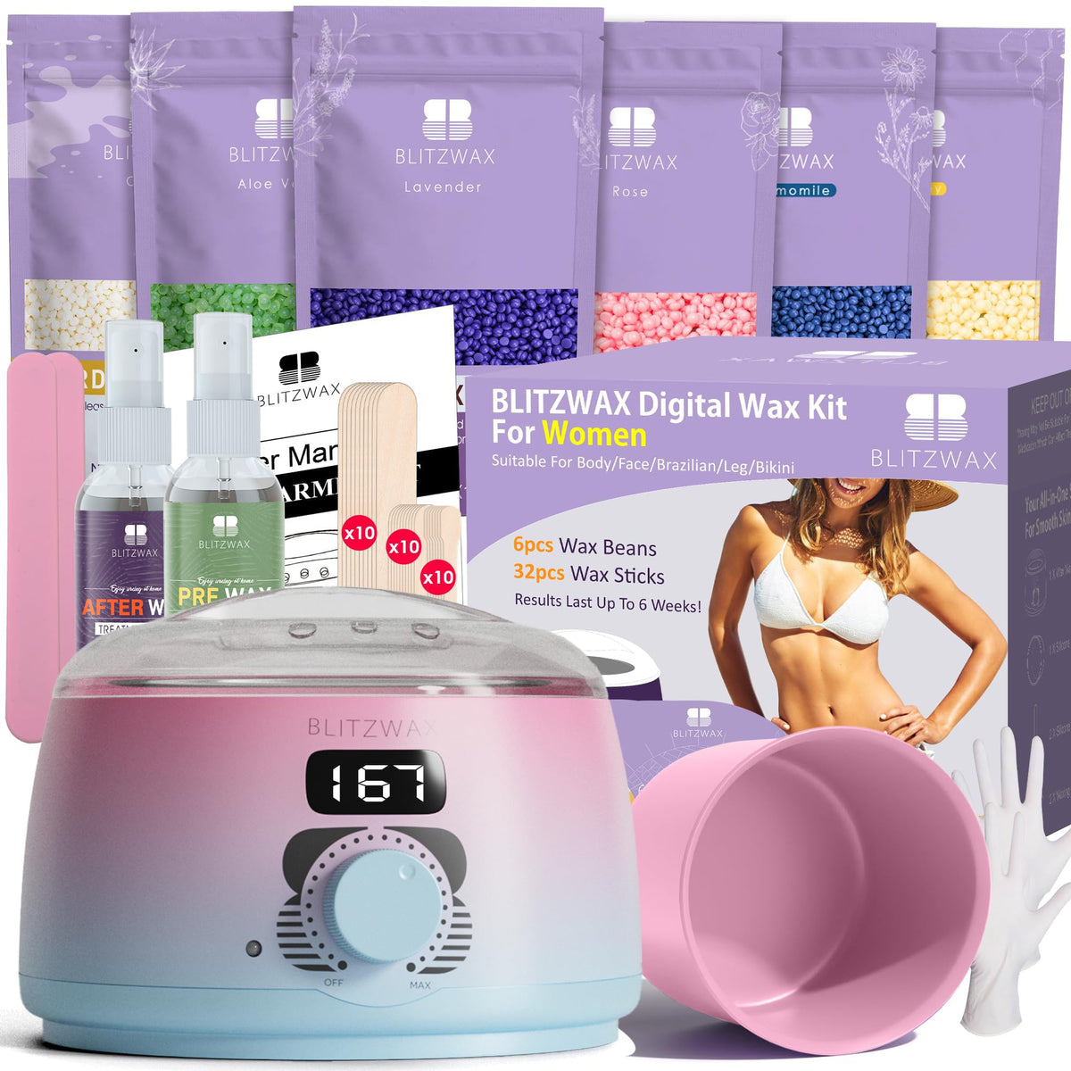 BLITZWAX Brazilian bikini wax kit closeup showing beginner-friendly at-home hair removal