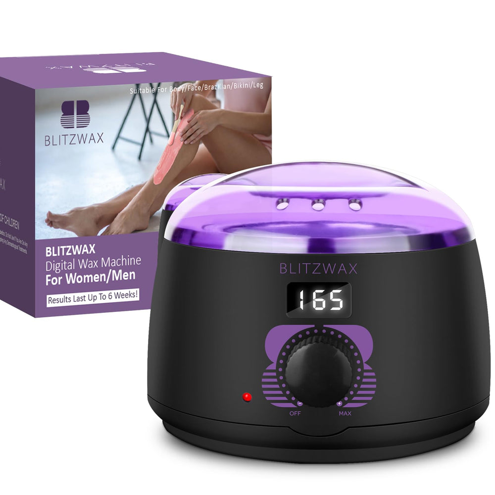 BLITZWAX Brazilian bikini wax pot on counter enables at-home waxing convenience.