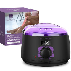 BLITZWAX Brazilian bikini wax pot on counter enables at-home waxing convenience.