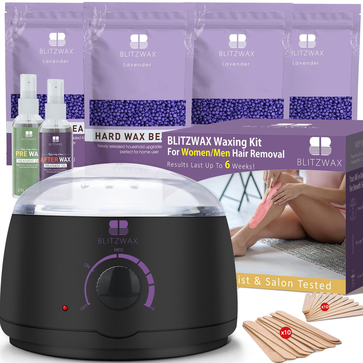 BLITZWAX Brazilian waxing kit with wax-warmer enables convenient at-home sessions.