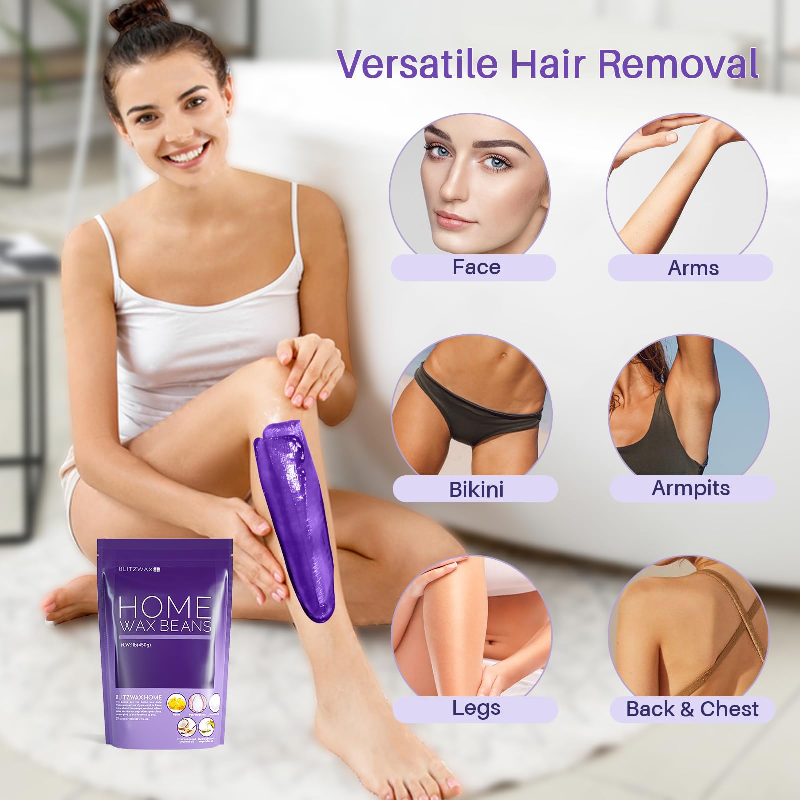 BLITZWAX Lavender body wax beads application showing easy spreading.