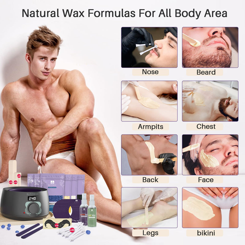 BLITZWAX post-wax oil and tools for easy cleanup and soothing skin