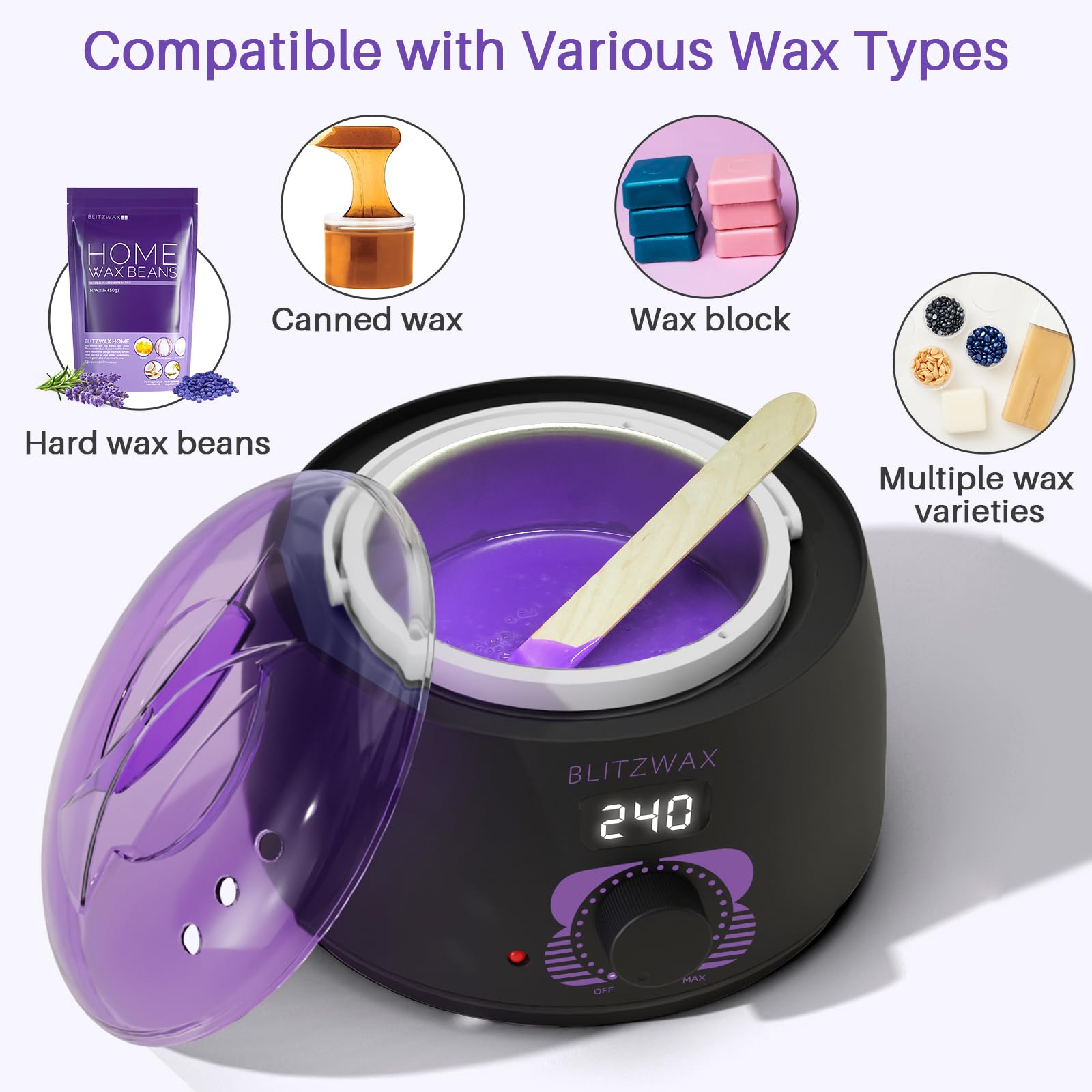 BLITZWAX wax pot close-up highlights precise temperature control for sensitive skin.