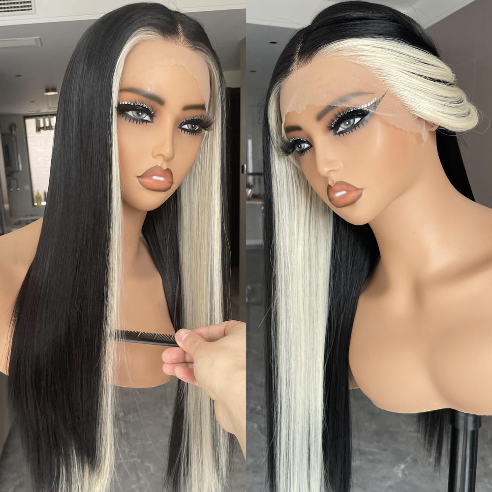 BLL lace front wig front view with skunk stripe for natural everyday wear.