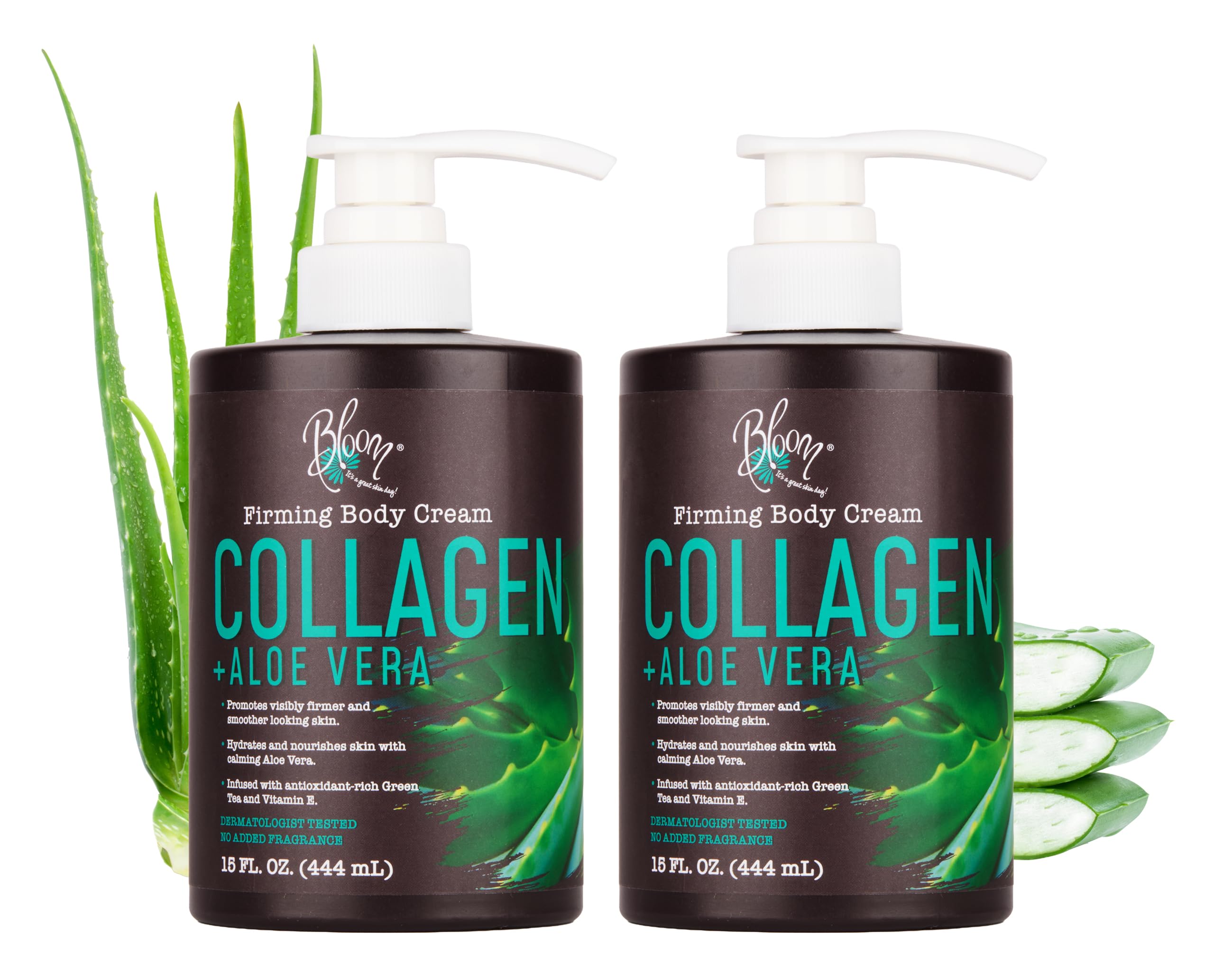 BLOOM It's a Great Skin Day collagen lotion bottle shows hydrating, firming body care for dry skin.