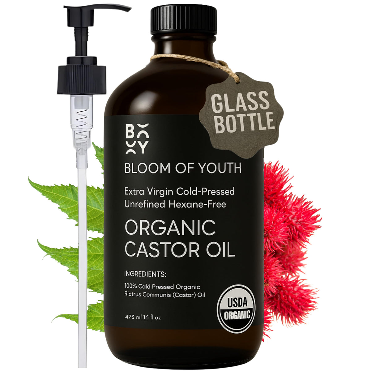 Bloom of Youth castor oil amber bottle 16oz for skin and hair nourishment