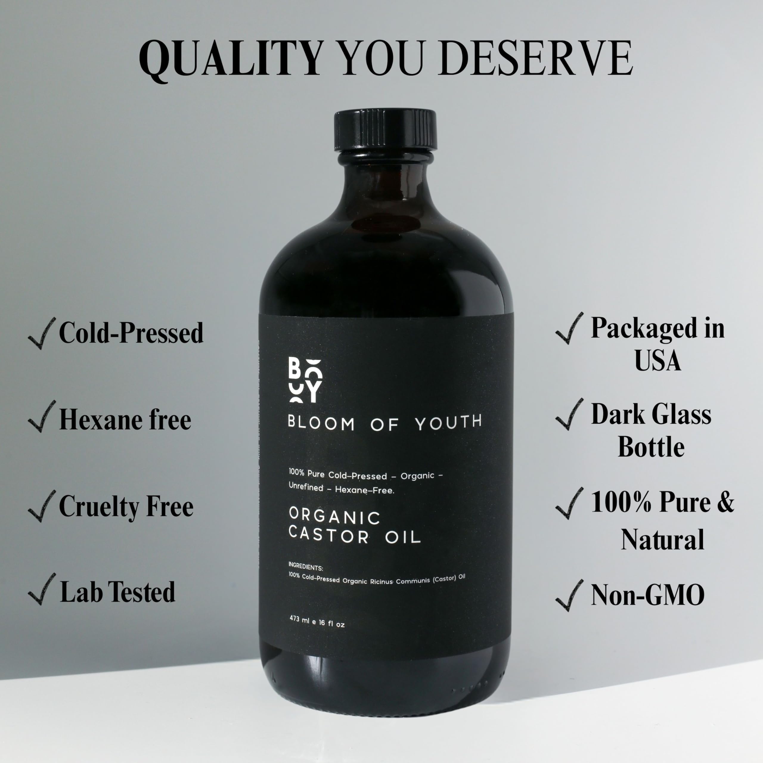 USA-made Bloom of Youth castor oil bottle preserving potency