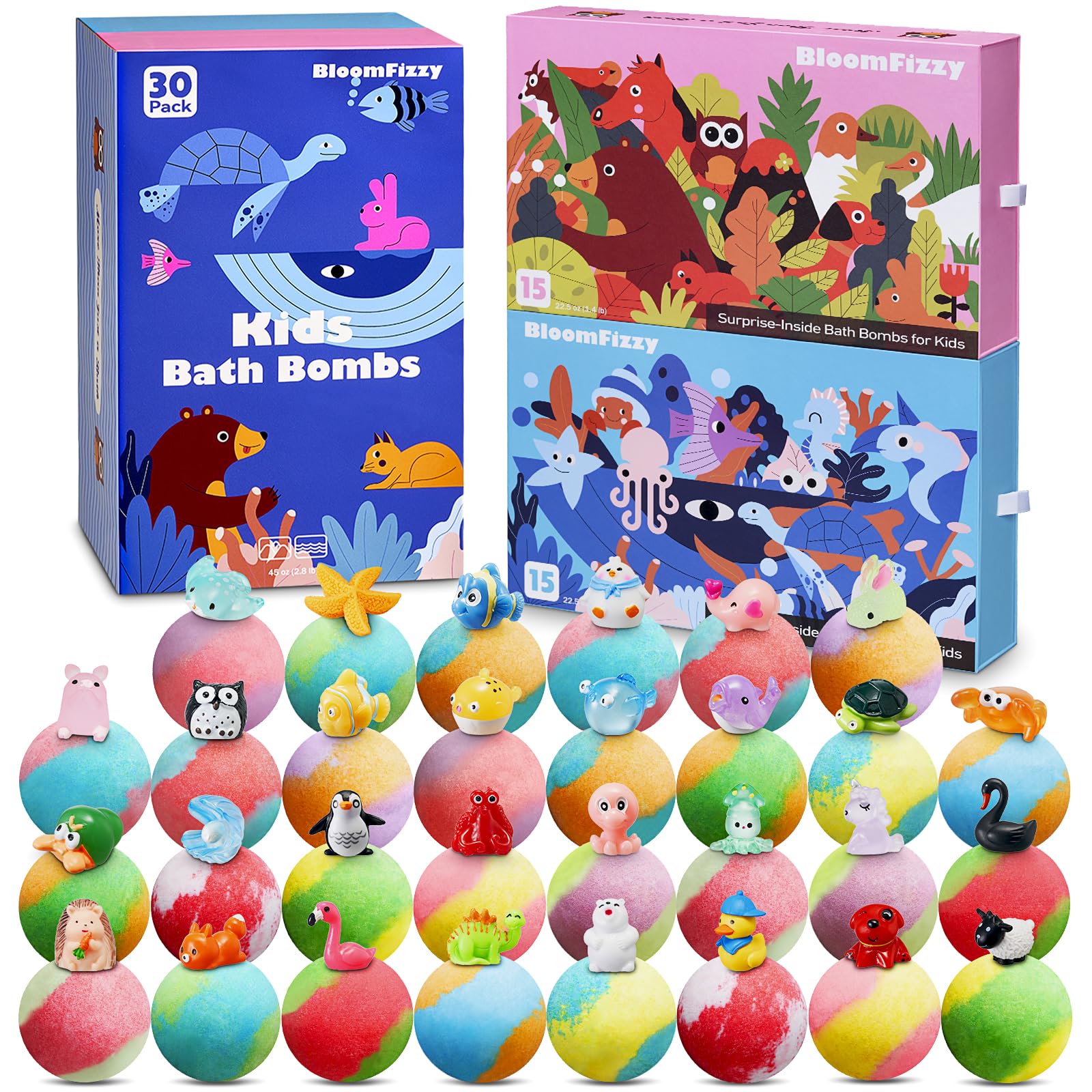 BloomFizzy 30-pack land box bath bombs with kid-friendly scents for playful baths.