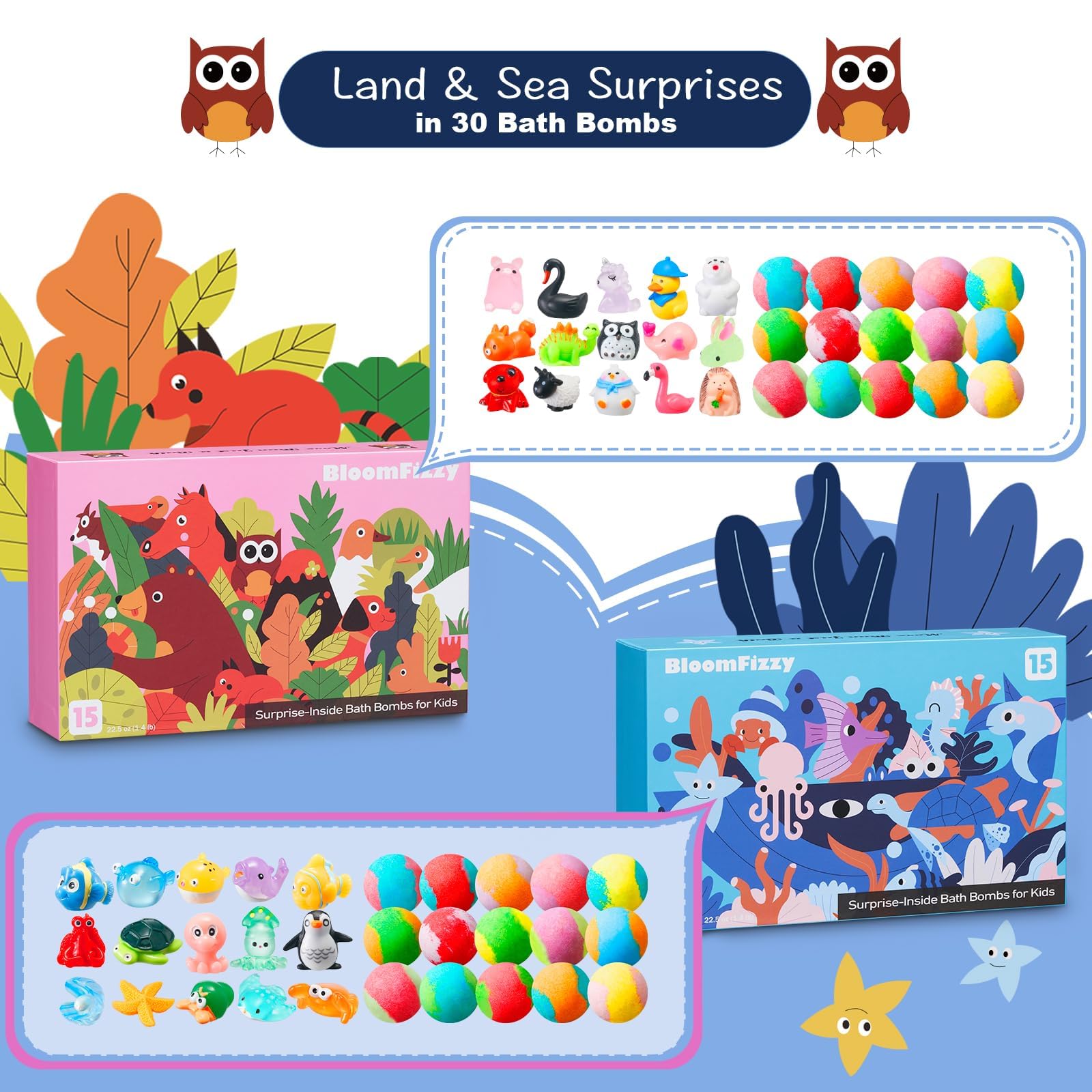 BloomFizzy 30-pack sea box bath bombs hide surprise sea creature toys for curious kids.