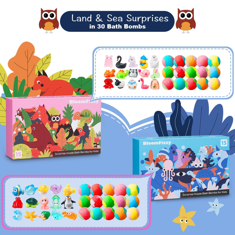 BloomFizzy 30-pack sea box bath bombs hide surprise sea creature toys for curious kids.
