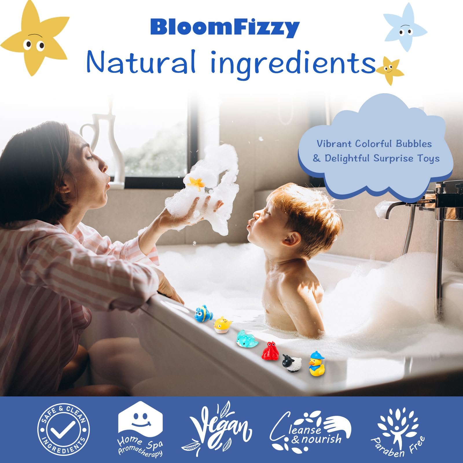 BloomFizzy natural ingredients nourish skin while kids enjoy fragrant fizz.