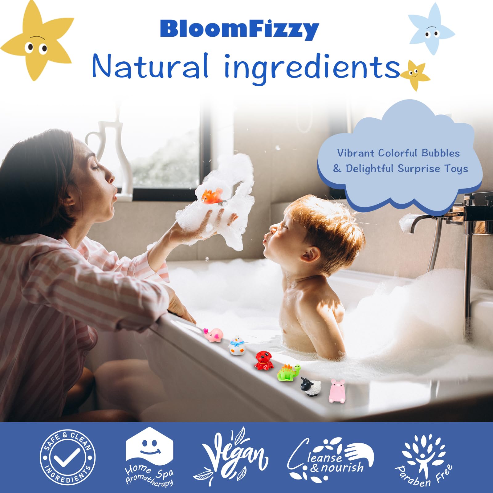BloomFizzy bath bombs use gentle, hypoallergenic ingredients for sensitive kid skin.