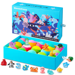 BloomFizzy Sea Surprise bath bombs pack shows vibrant colors for kids' bath time fun.