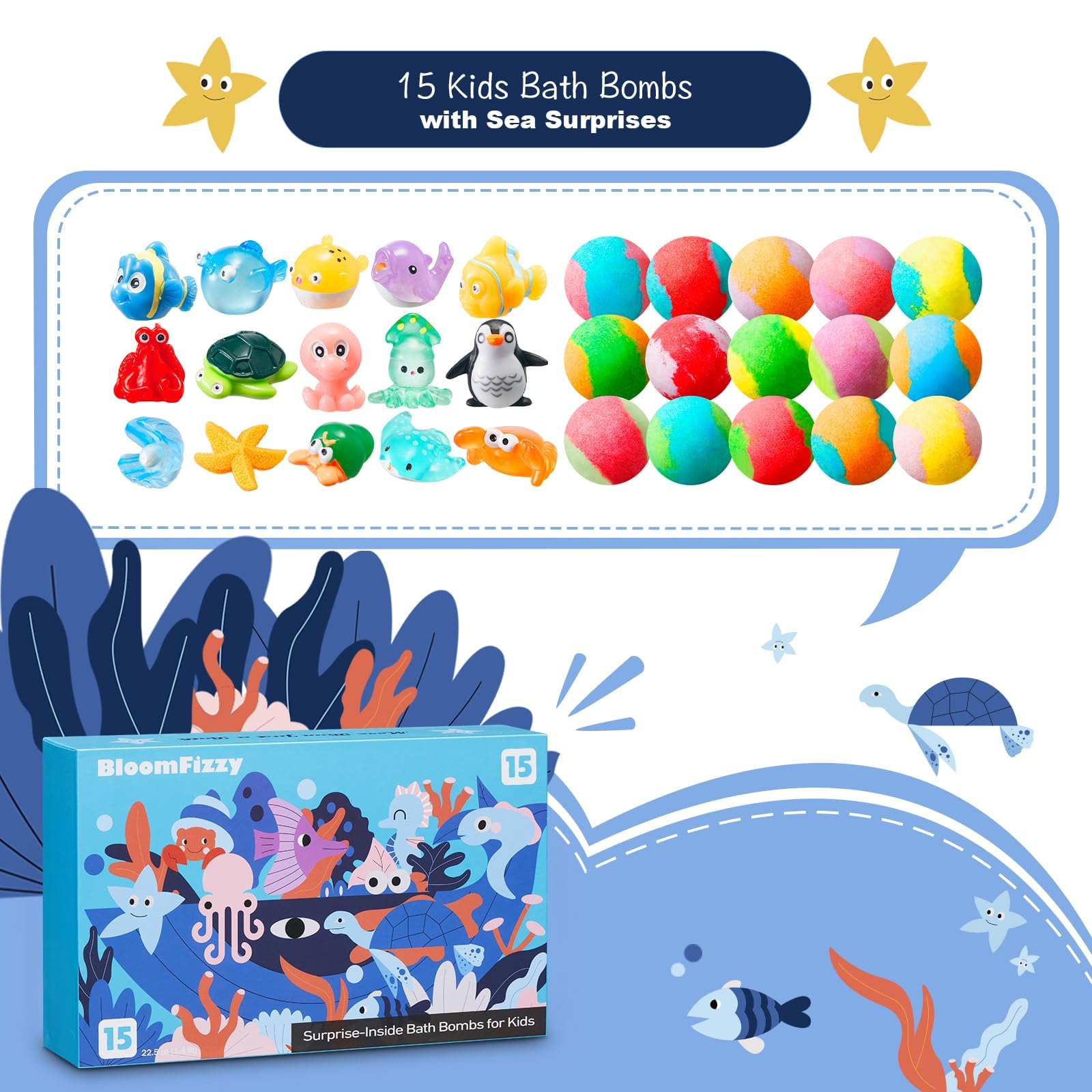 BloomFizzy Sea Surprise bath bomb reveals a hidden sea toy inside during bath time.