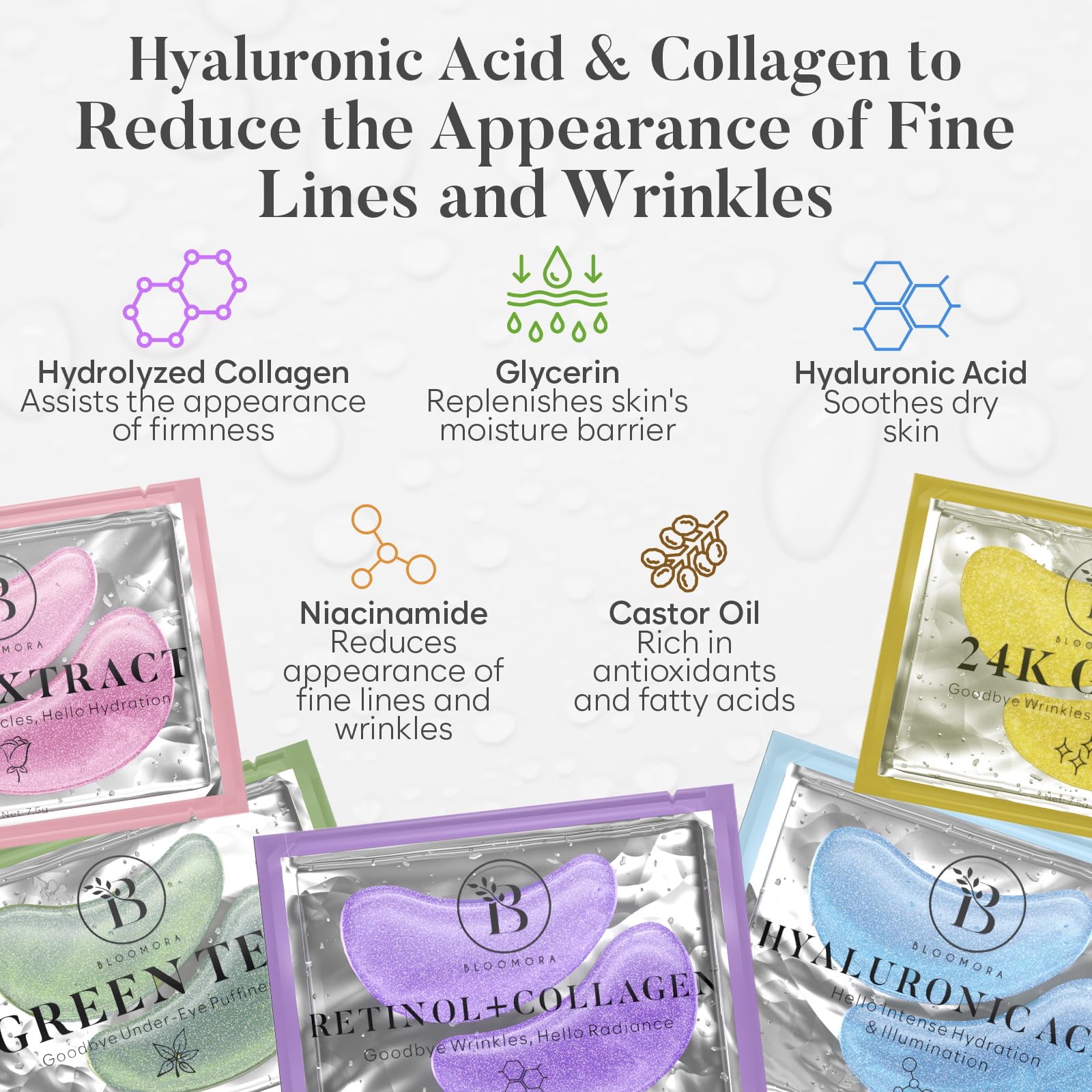 Bloomora Hyaluronic Acid patch close-up highlights hydration and de-puffing potential