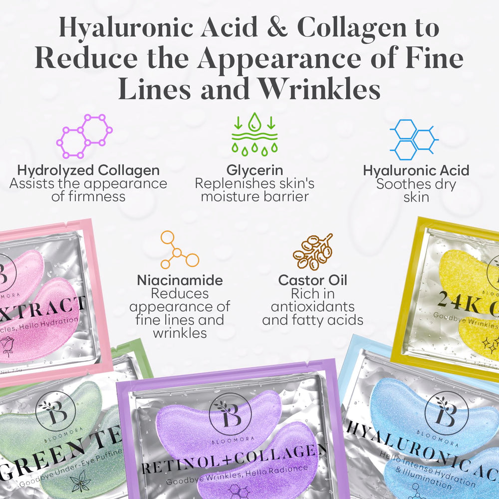 Bloomora Hyaluronic Acid patch close-up highlights hydration and de-puffing potential