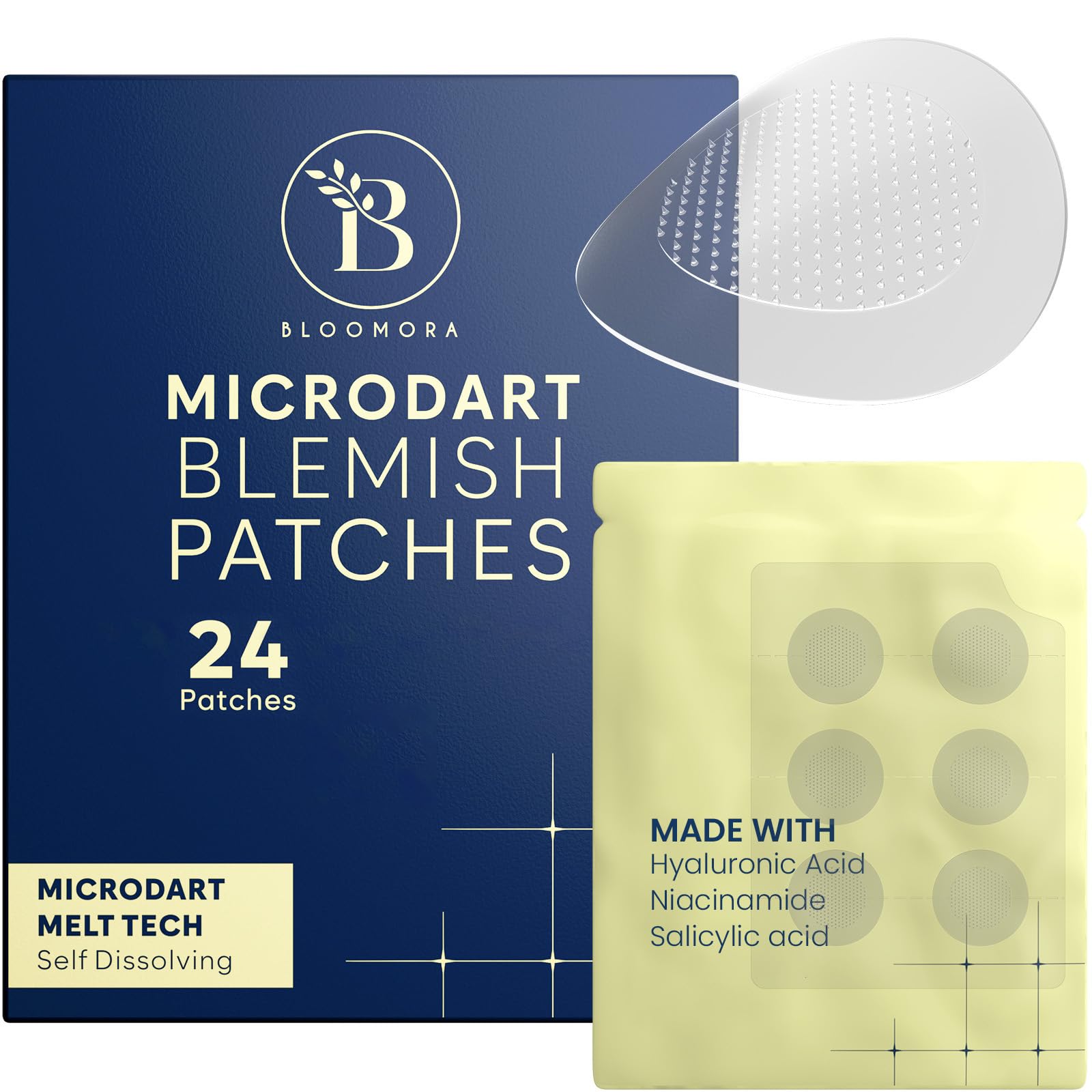 BLOOMORA parche de acné con microdardos para uso nocturno y cobertura discreta.
