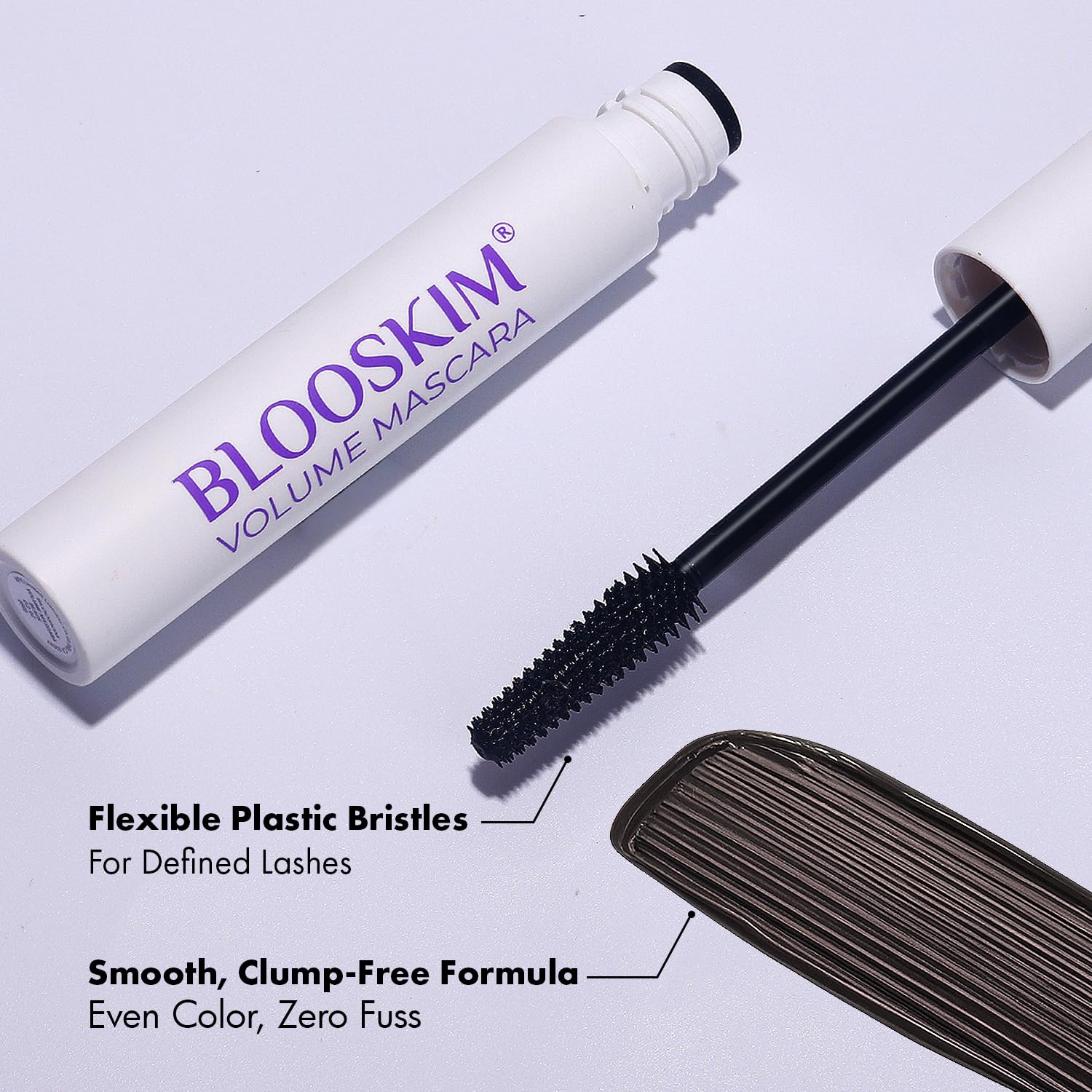 Blooskim Mascara wand application demonstrates gentle lift during wear
