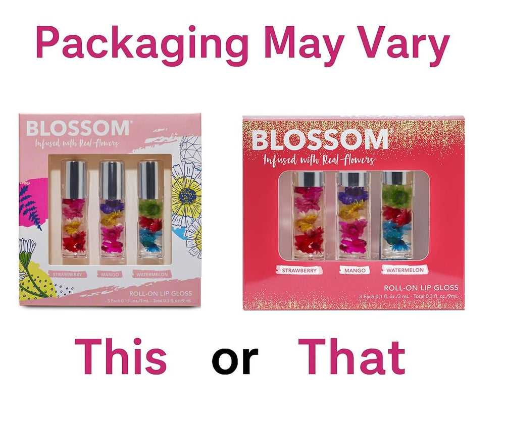 Blossom Roll-On Lip Gloss 3-pack front shows berry inspired scents.