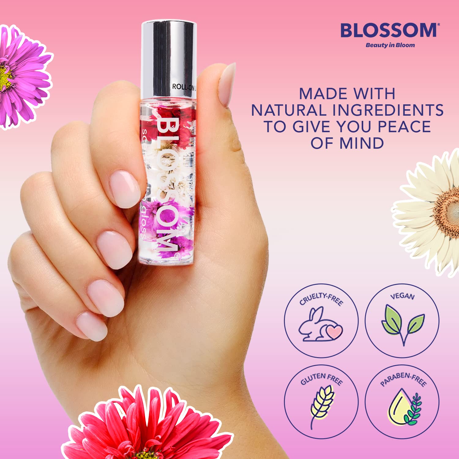 Blossom Roll-On Lip Gloss mango bottle detail suggests tropical scent.