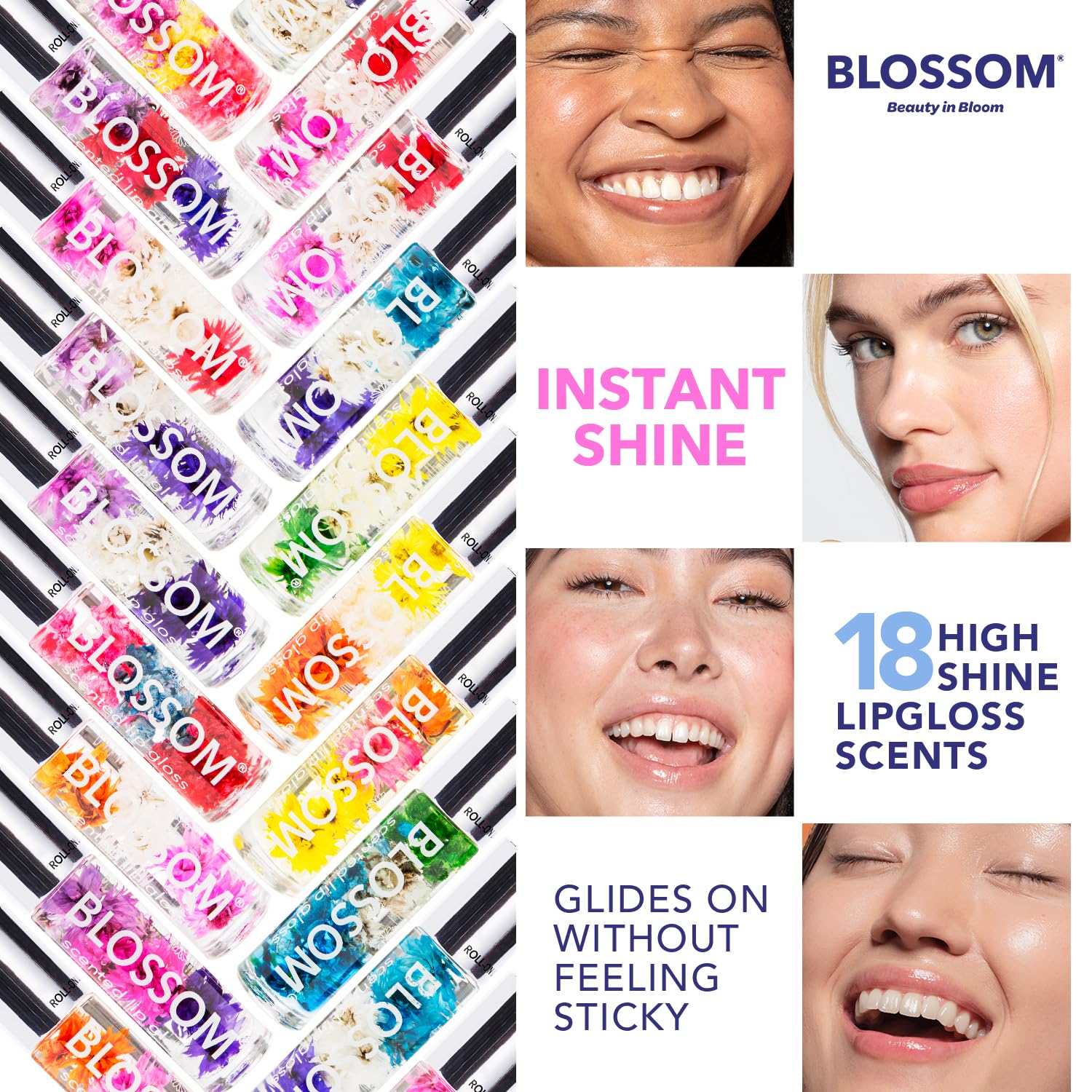 Blossom Roll-On Lip Gloss real flowers inside adds luxury feel.