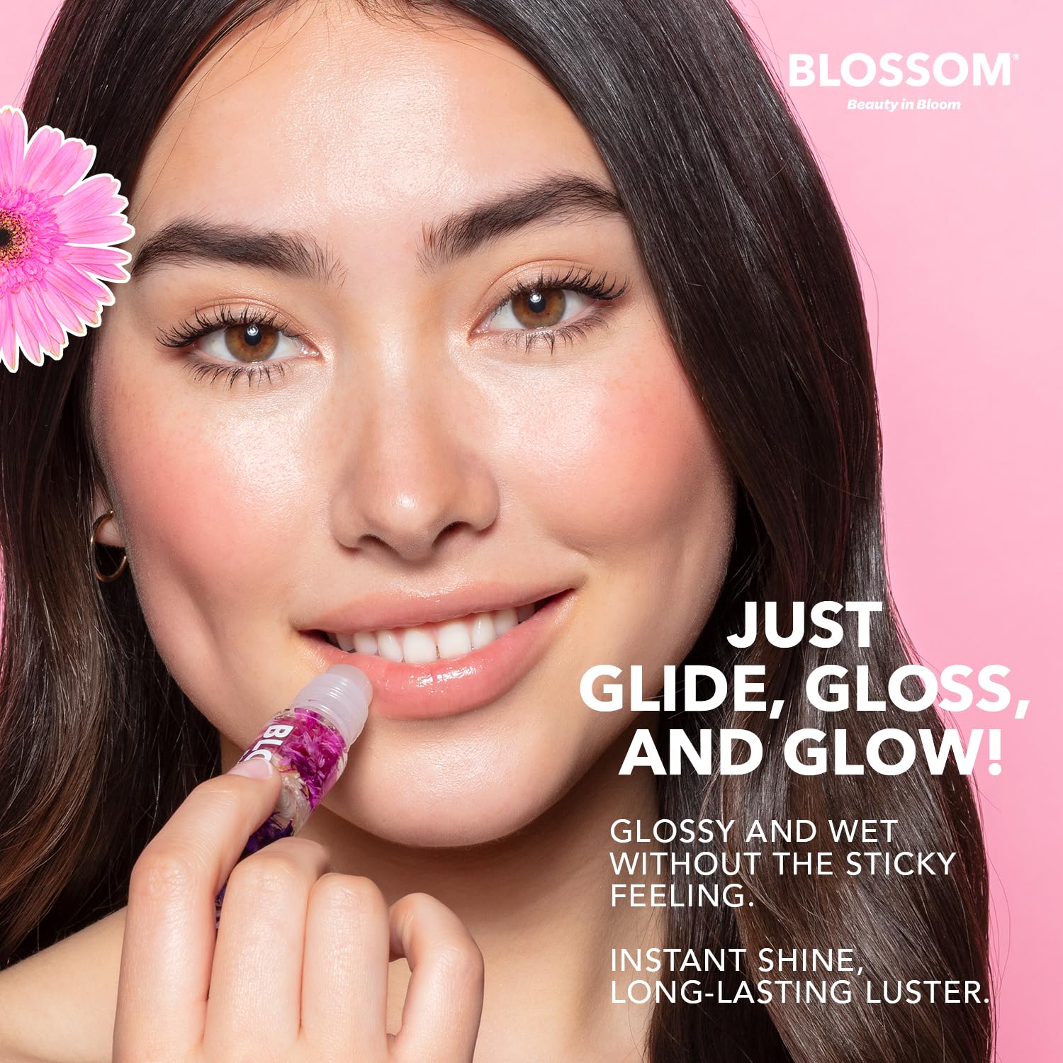 Blossom Roll-On Lip Gloss close-up lips show smooth moisture.