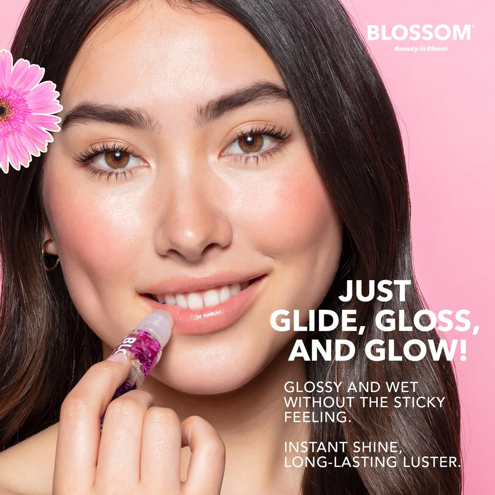 Blossom Roll-On Lip Gloss close-up lips show smooth moisture.