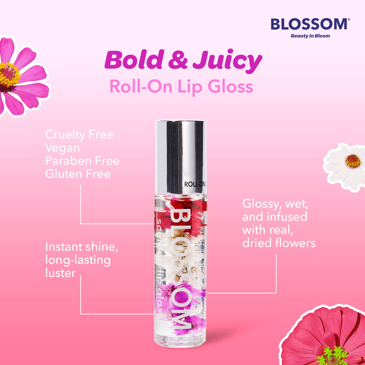 Blossom Roll-On Lip Gloss USA-made label signals quality and safety.