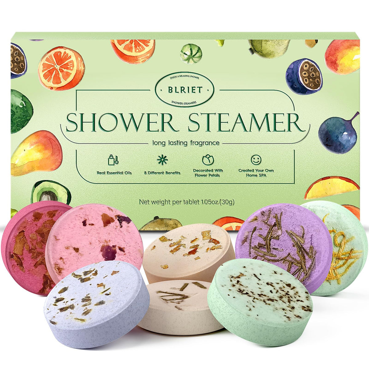 BLRIET 8-pack shower steamers gift box highlighting fruit scents for a relaxing home spa experience.
