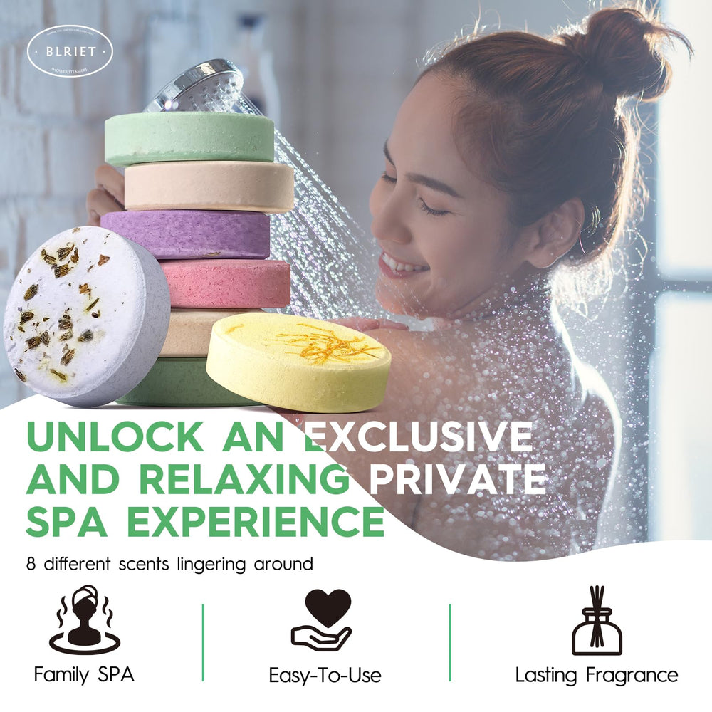BLRIET 7-scent shower steamers array for mood-enhancing baths