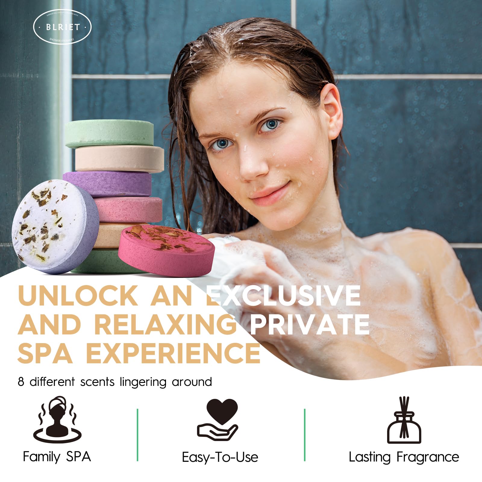 BLRIET shower steamers close-up showing vibrant fruit scents and long lasting aroma for daily routines.