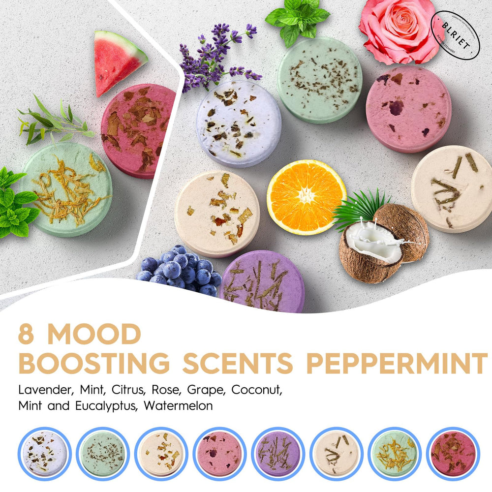BLRIET shower steamers gift-ready packaging image showcasing seven scents for gifting.