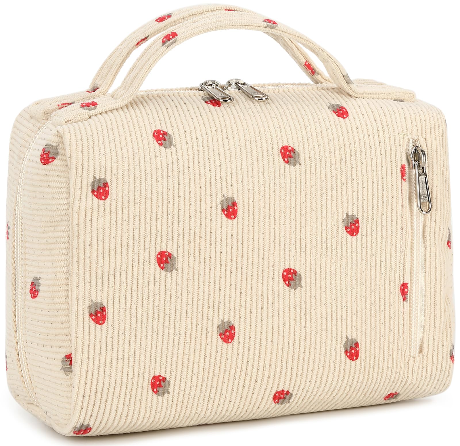 Bluboon makeup bag strawberry corduroy front pocket for quick access during travel