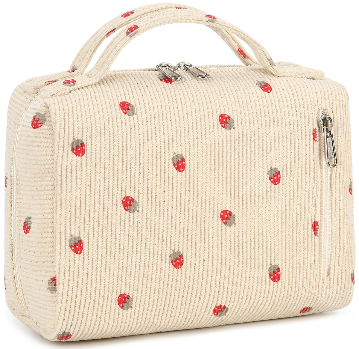 Bluboon makeup bag strawberry corduroy front pocket for quick access during travel