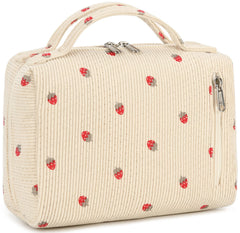 Bluboon makeup bag strawberry corduroy front pocket for quick access during travel