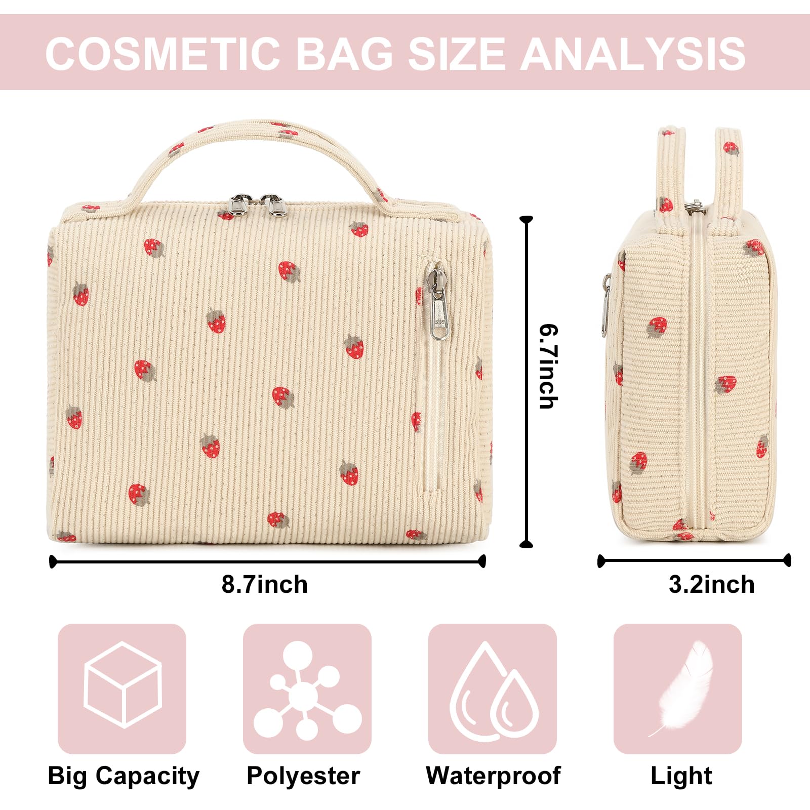 Bluboon strawberry corduroy interior compartments organize cosmetics and skincare