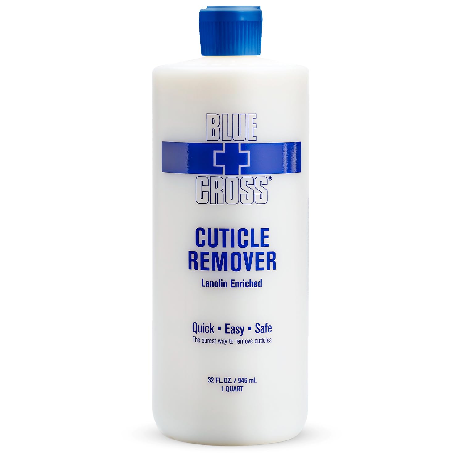 Blue Cross Cuticle Remover bottle pouring demonstrates rapid softening for smooth, clean nails.