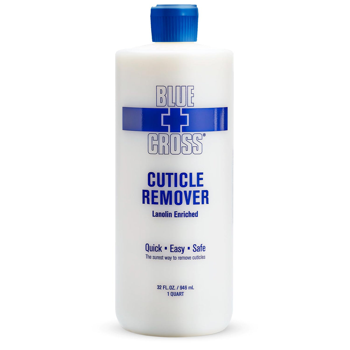 Blue Cross Cuticle Remover bottle pouring demonstrates rapid softening for smooth, clean nails.