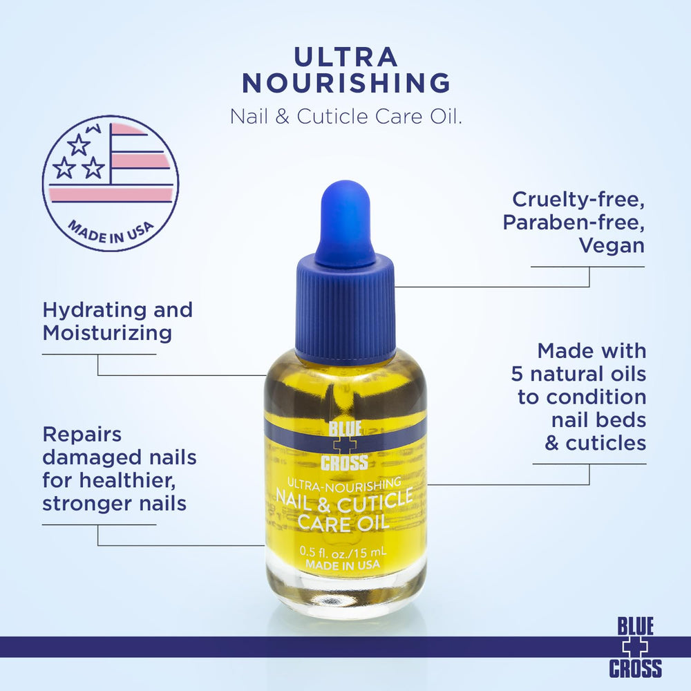 Blue Cross Nail Care Oil natural ingredients label highlights lemongrass and lavender aroma.