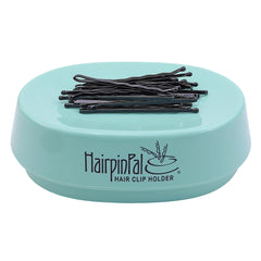 Blue Feather HairpinPal magnetic bobby pin holder on counter for quick cleanup