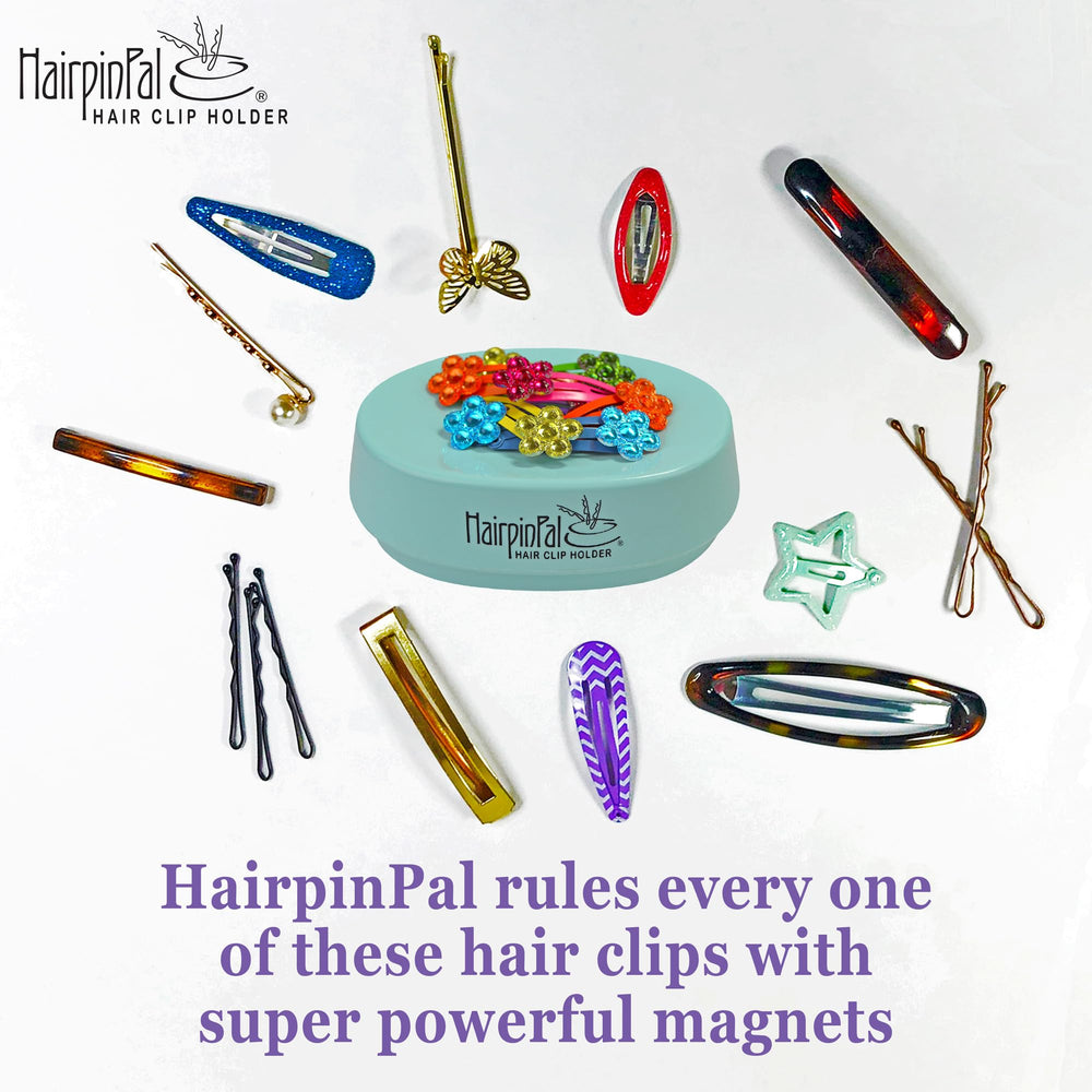 Blue Feather HairpinPal magnetic bowl closeup showing organized clips