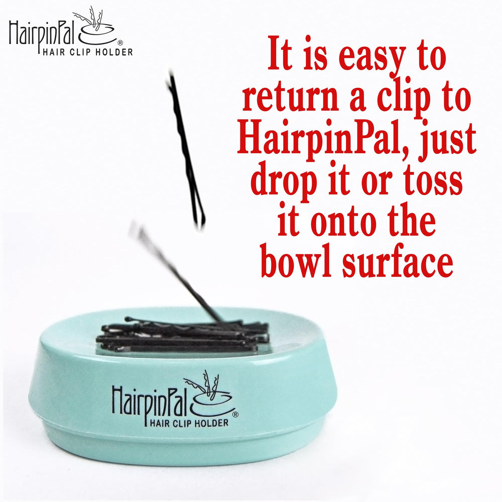 Blue Feather HairpinPal sea-foam-teal dish on vanity keeping clips tidy