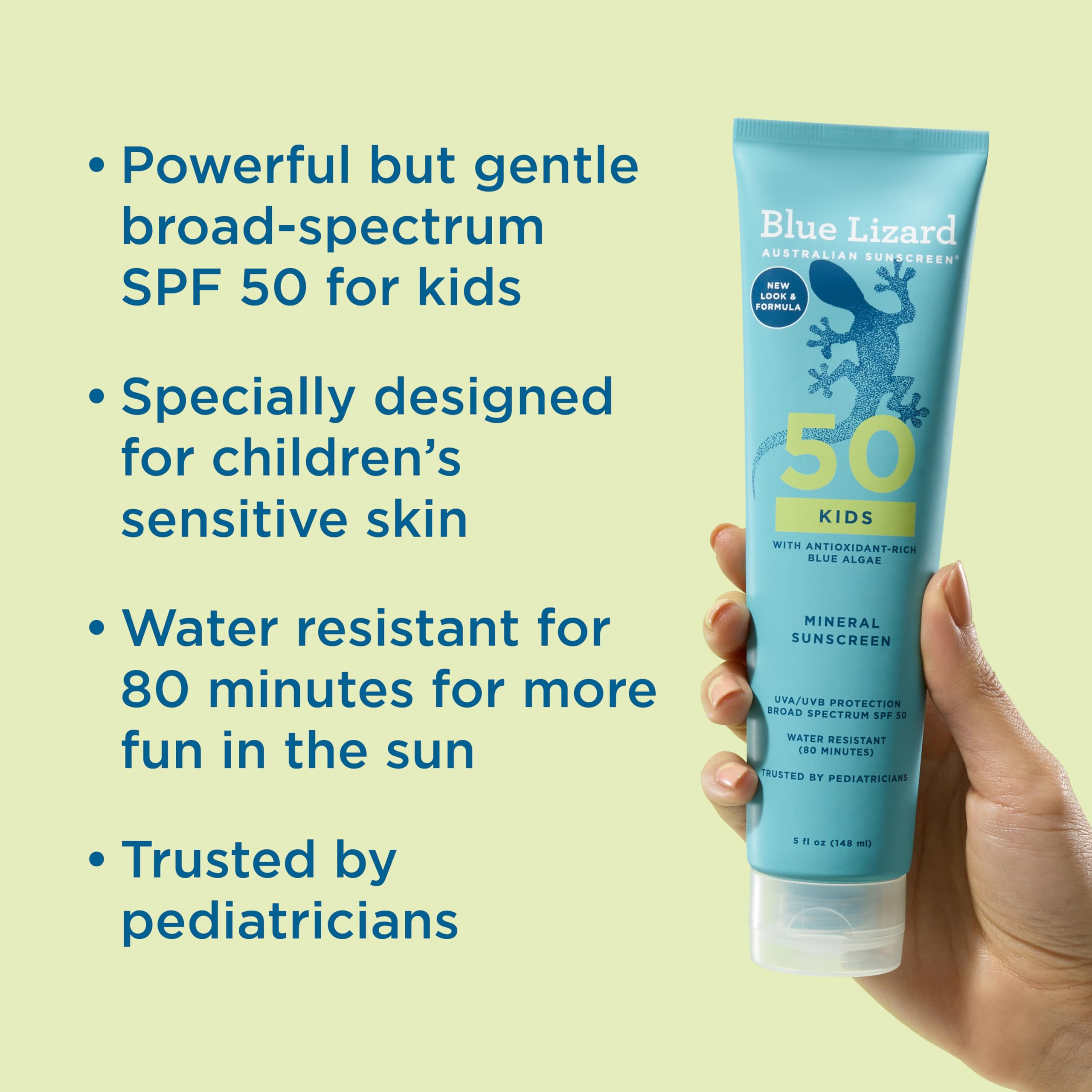 Blue Lizard Kids Mineral SPF 50 application on dry skin shows even coverage.