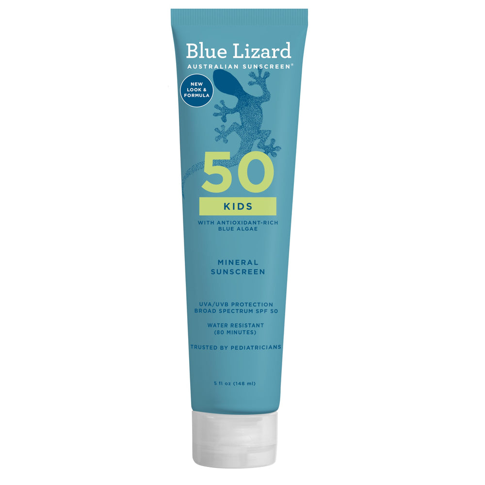 Blue Lizard Kids Mineral SPF 50 bottle highlights zinc protection for sunny days.