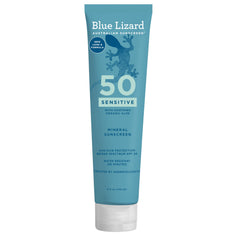 Blue Lizard Sensitive SPF 50 sunscreen lotion bottle shows reef-friendly, broad-spectrum protection for daily outings.