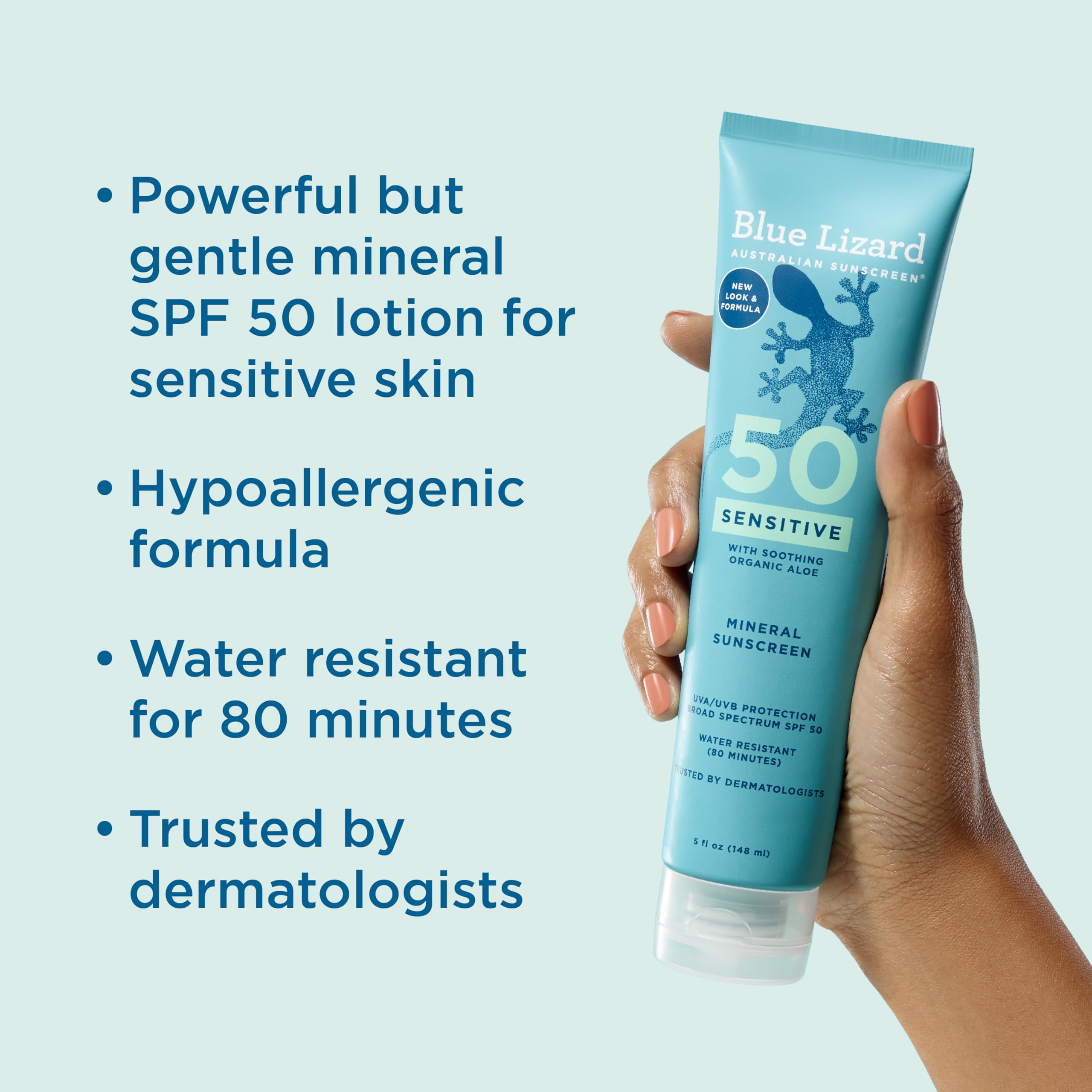Blue Lizard Sensitive SPF 50 sunscreen lotion label highlights fragrance-free, hypoallergenic formula for sensitive skin.