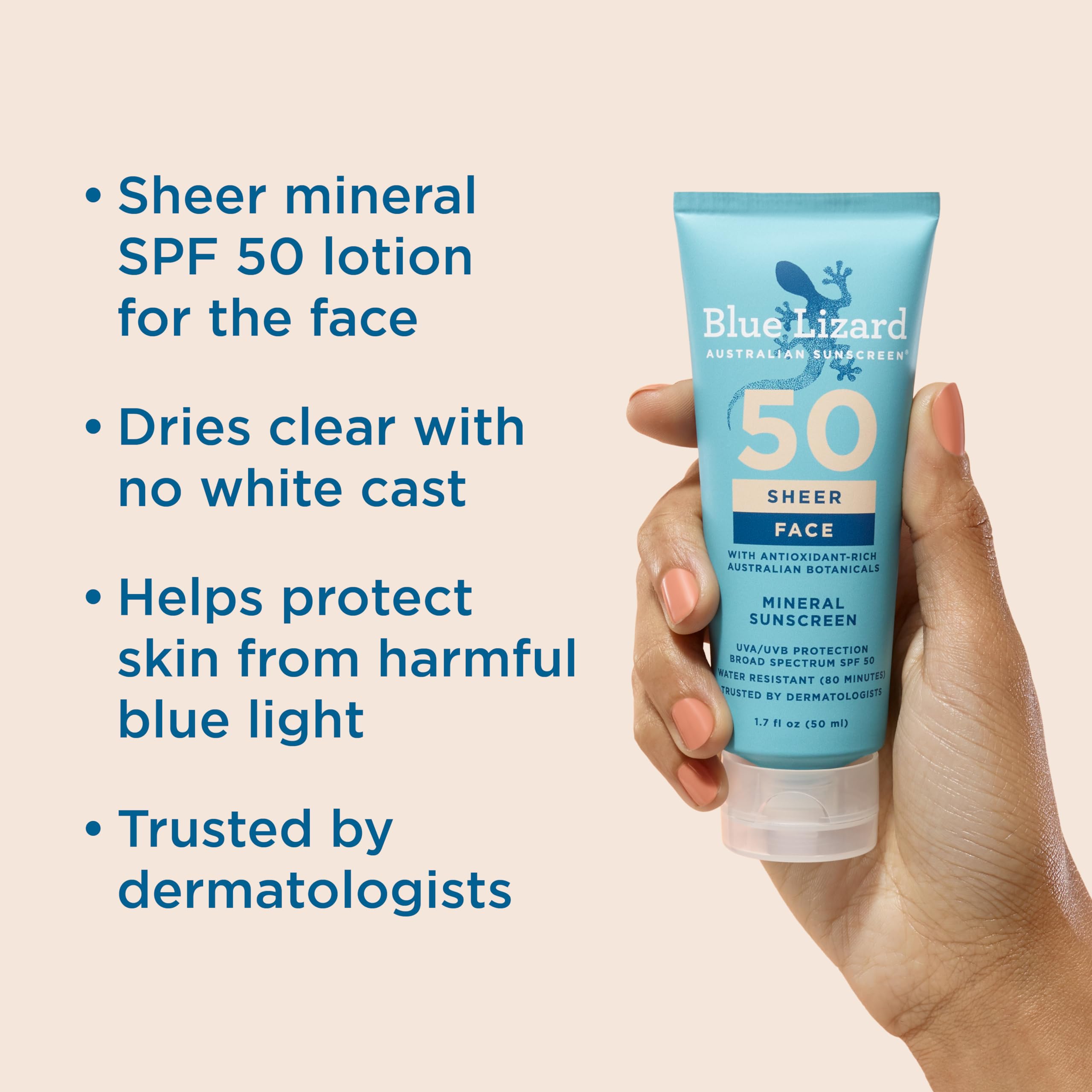 Blue Lizard Sheer Face Mineral SPF 50 being rubbed in for a clear, lightweight finish